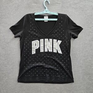 PINK Victoria's Secret Women Shirt L Black Graphic Print Activewear Rhinestones